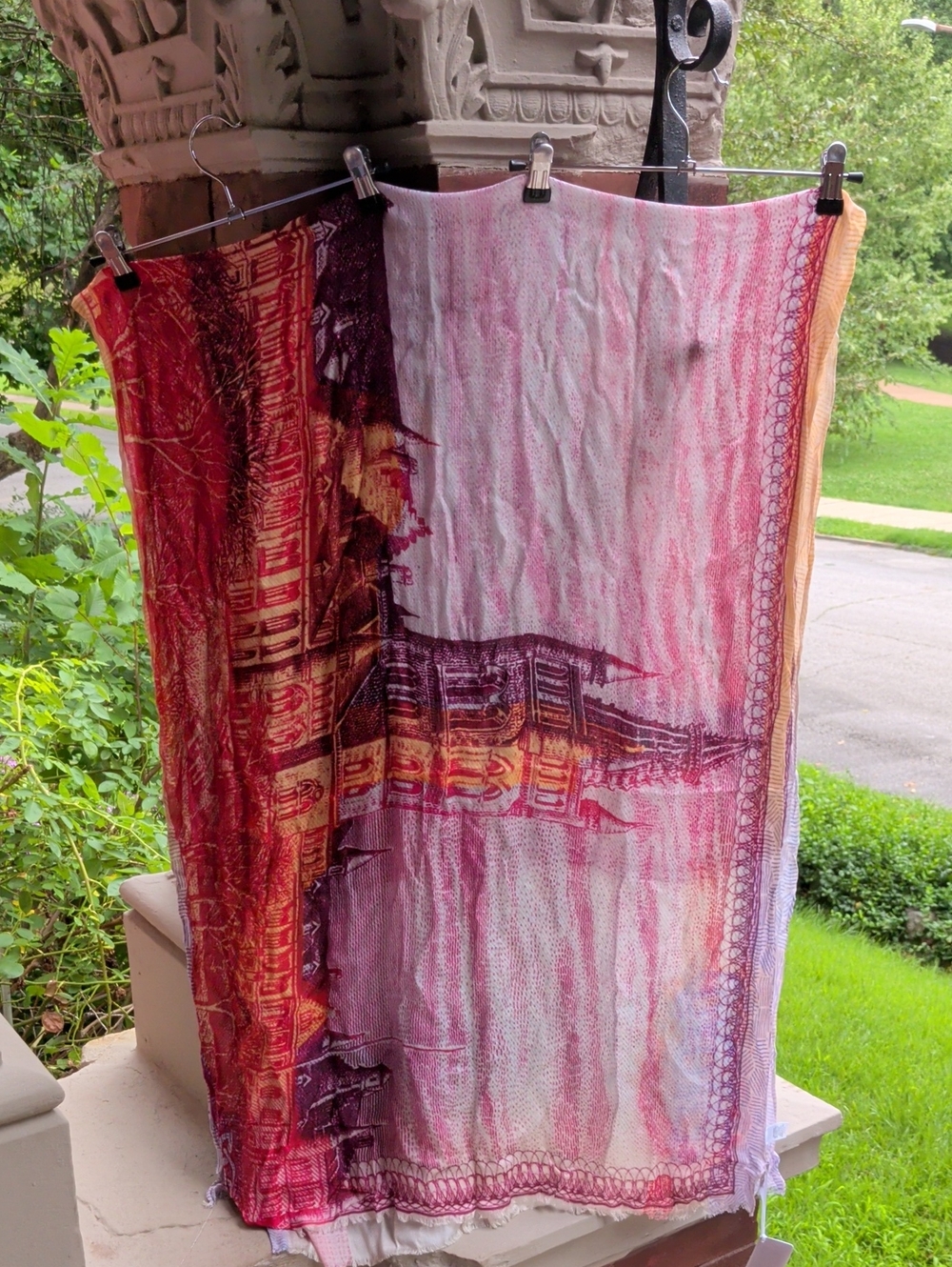 Nwt Tilo Printed Multi-Color Lightweight Commemorative Scarf - Pink, Red, Gold